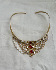 Gold polish hasli with kundan, emerald & ruby pendant with pearls-Silver Neckpiece-CI-House of Taamara