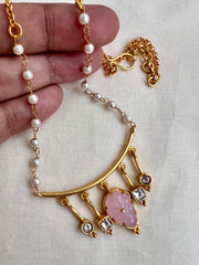 Gold polish kundan & rose quartz pendant with pearl and gold chain
