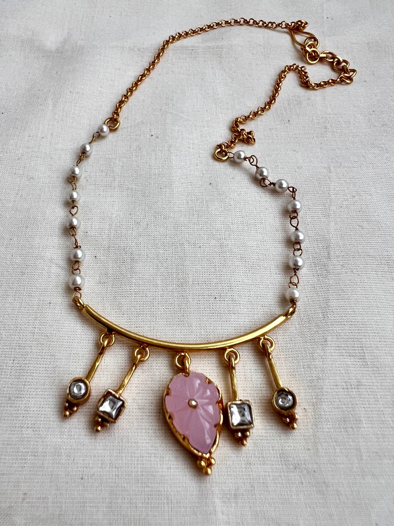 Gold polish kundan & rose quartz pendant with pearl and gold chain