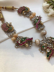 Intricate moti patti with kundan peacock & carved pearl beads necklace-Silver Neckpiece-PL-House of Taamara