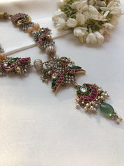 Intricate moti patti with kundan peacock & carved pearl beads necklace-Silver Neckpiece-PL-House of Taamara