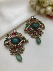 Jade oval turquoise and kundan earrings-Earrings-PL-House of Taamara