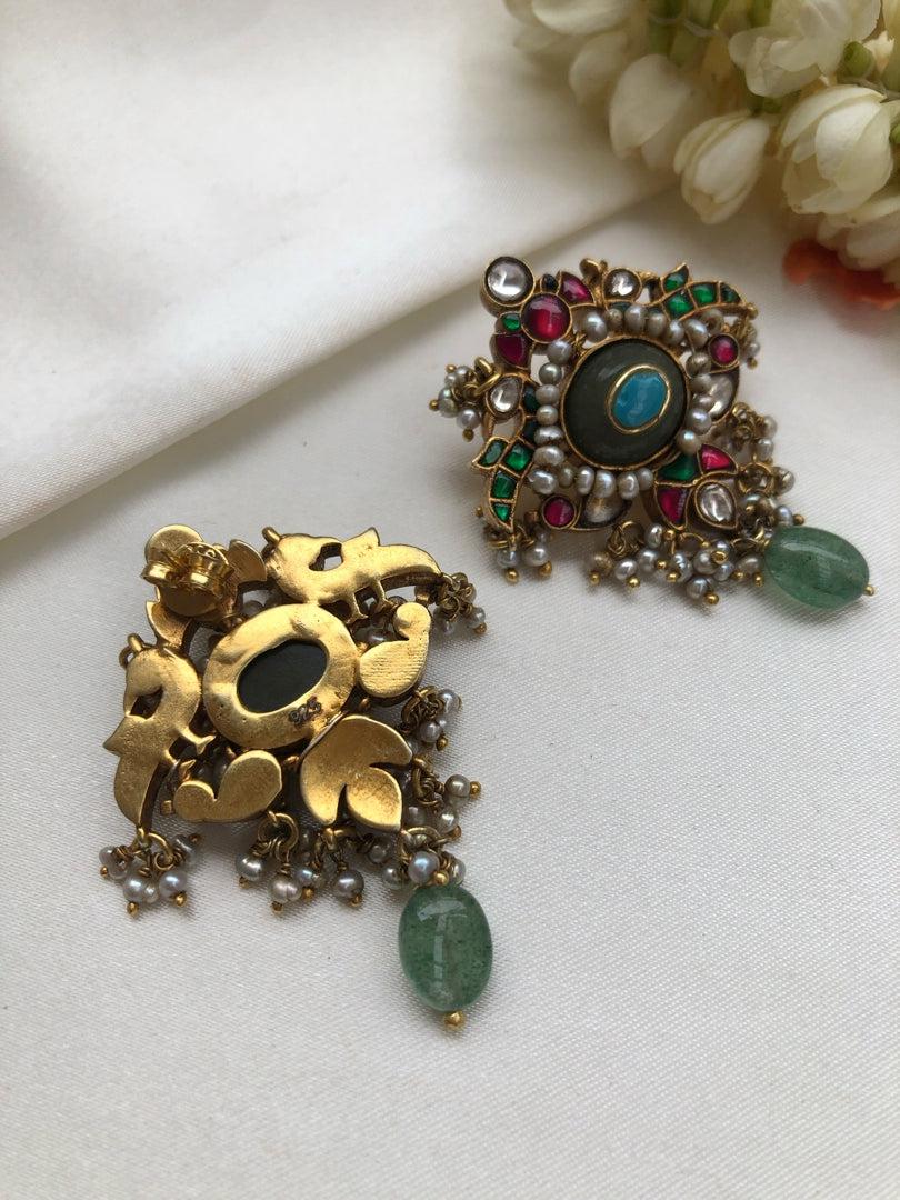 Jade oval turquoise and kundan earrings-Earrings-PL-House of Taamara