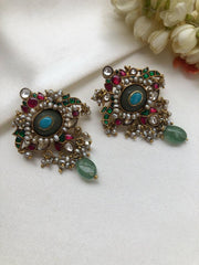 Jade oval turquoise and kundan earrings-Earrings-PL-House of Taamara