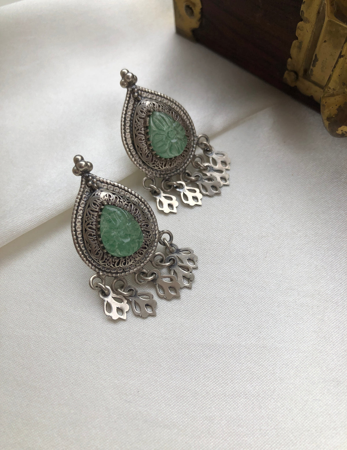 Jade silver earrings with small hangings-Earrings-PL-House of Taamara