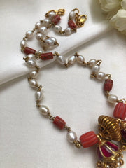 Jhumkas With Antique Bead Pendant, Coral & Pearls Chain-Silver Neckpiece-PL-House of Taamara