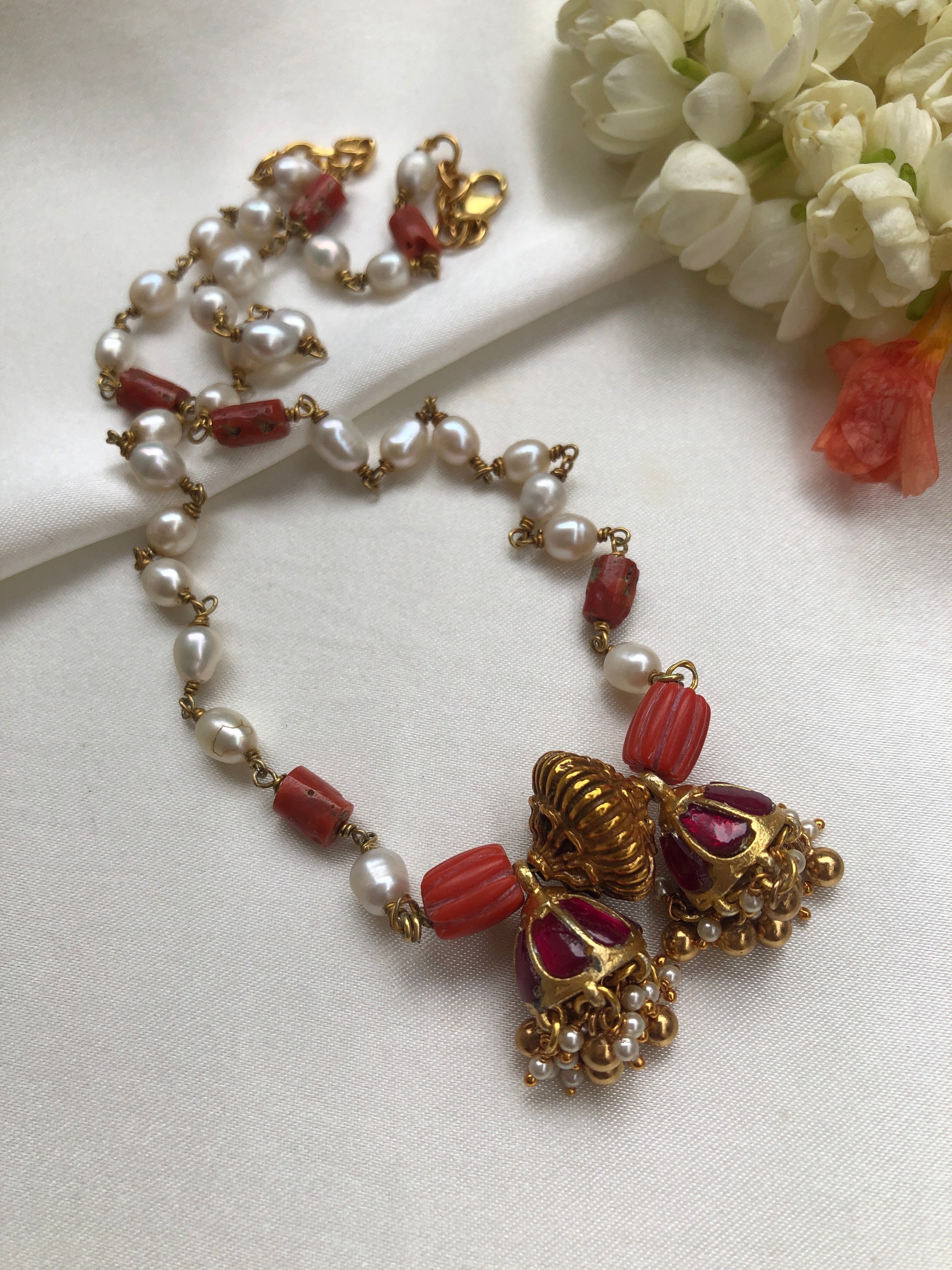 Jhumkas With Antique Bead Pendant, Coral & Pearls Chain-Silver Neckpiece-PL-House of Taamara