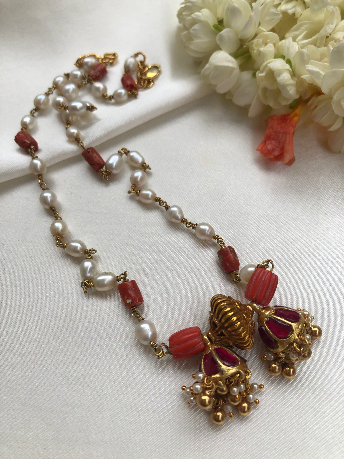 Jhumkas With Antique Bead Pendant, Coral & Pearls Chain-Silver Neckpiece-PL-House of Taamara