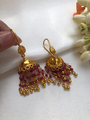 Jhumkas with pink onyx beads-Earrings-PL-House of Taamara