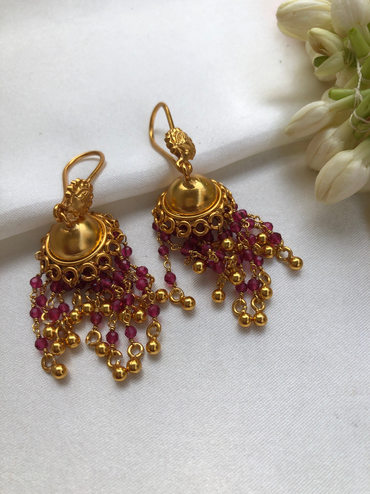 Jhumkas with pink onyx beads-Earrings-PL-House of Taamara