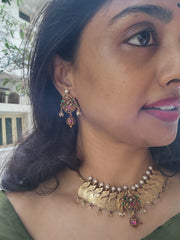 Kasamala with navrathan kundan & ruby bead drop with earrings, SET (Made To Order)-Silver Neckpiece-PL-House of Taamara