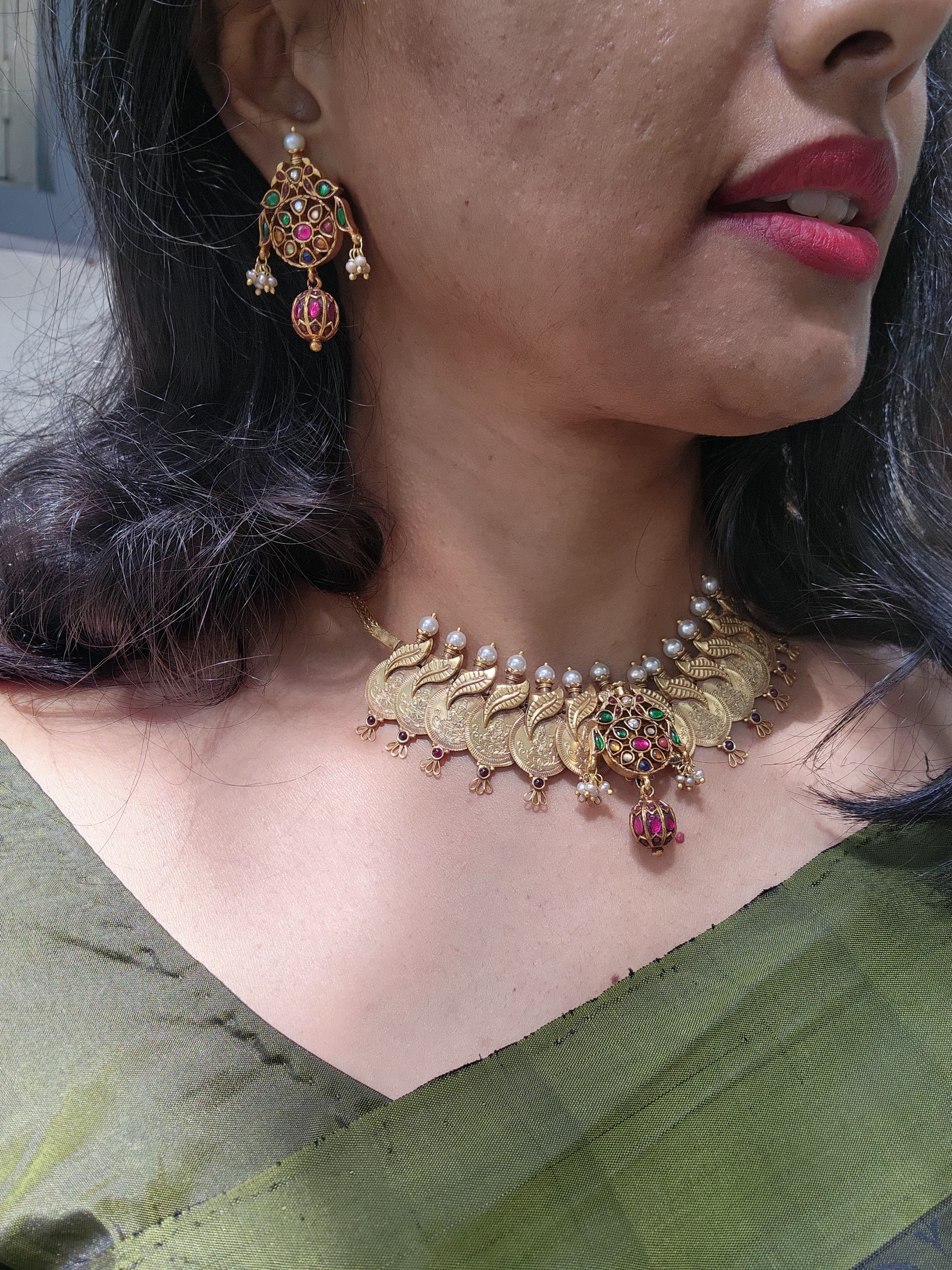 Kasamala with navrathan kundan & ruby bead drop with earrings, SET (Made To Order)-Silver Neckpiece-PL-House of Taamara