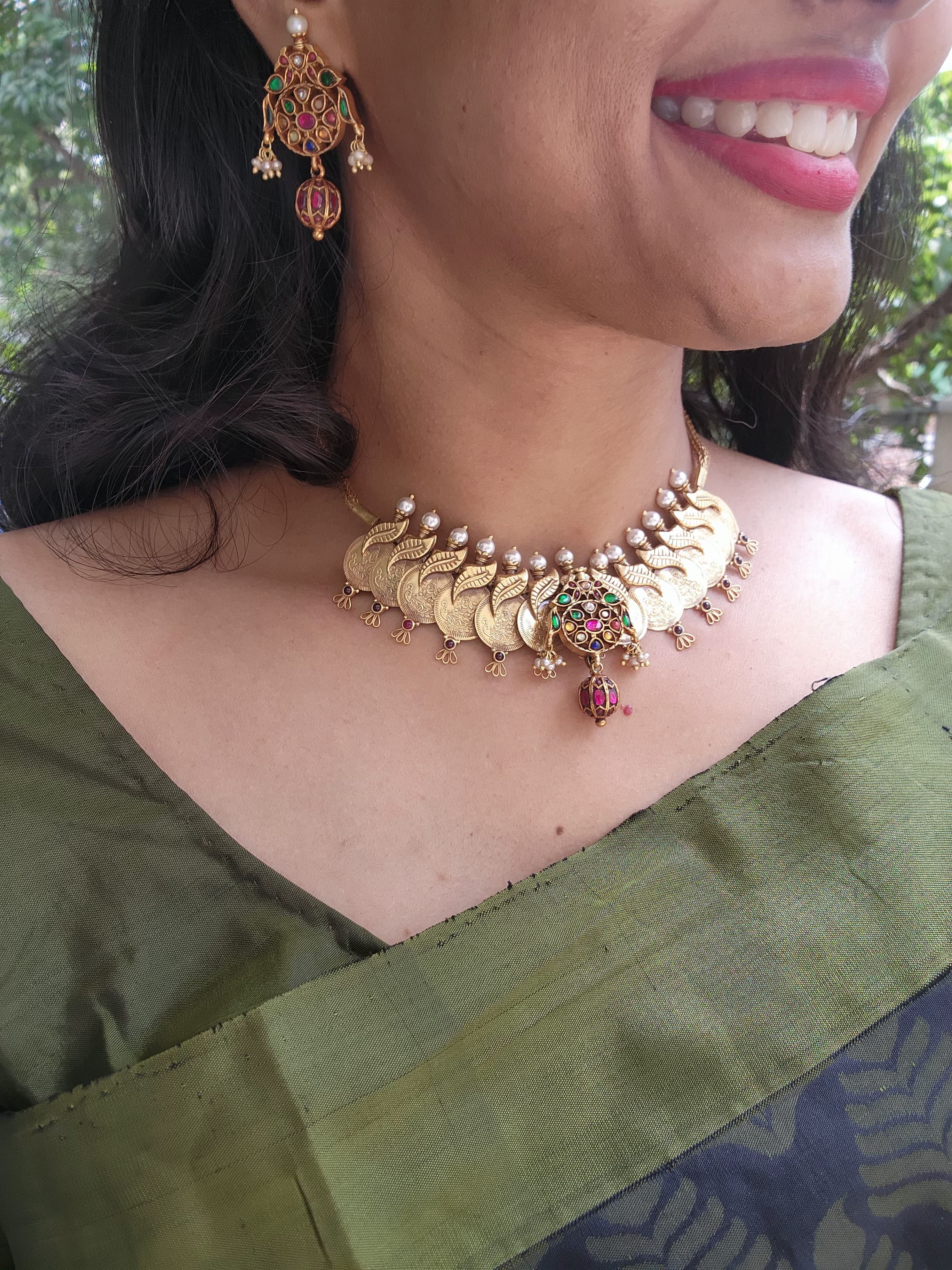 Kasamala with navrathan kundan & ruby bead drop with earrings, SET (Made To Order)-Silver Neckpiece-PL-House of Taamara