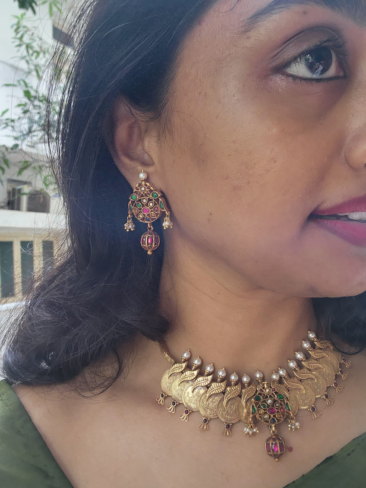 Kasamala with navrathan kundan & ruby bead drop with earrings, SET (Made To Order)-Silver Neckpiece-PL-House of Taamara