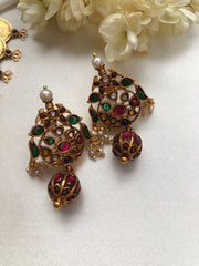 Kasamala with navrathan kundan & ruby bead drop with earrings, SET-Silver Neckpiece-PL-House of Taamara