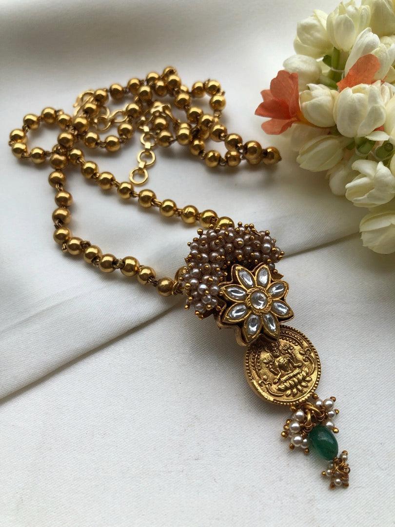 Kasu and kundan antique pendant with Mohan mala-Silver Neckpiece-pl-House of Taamara