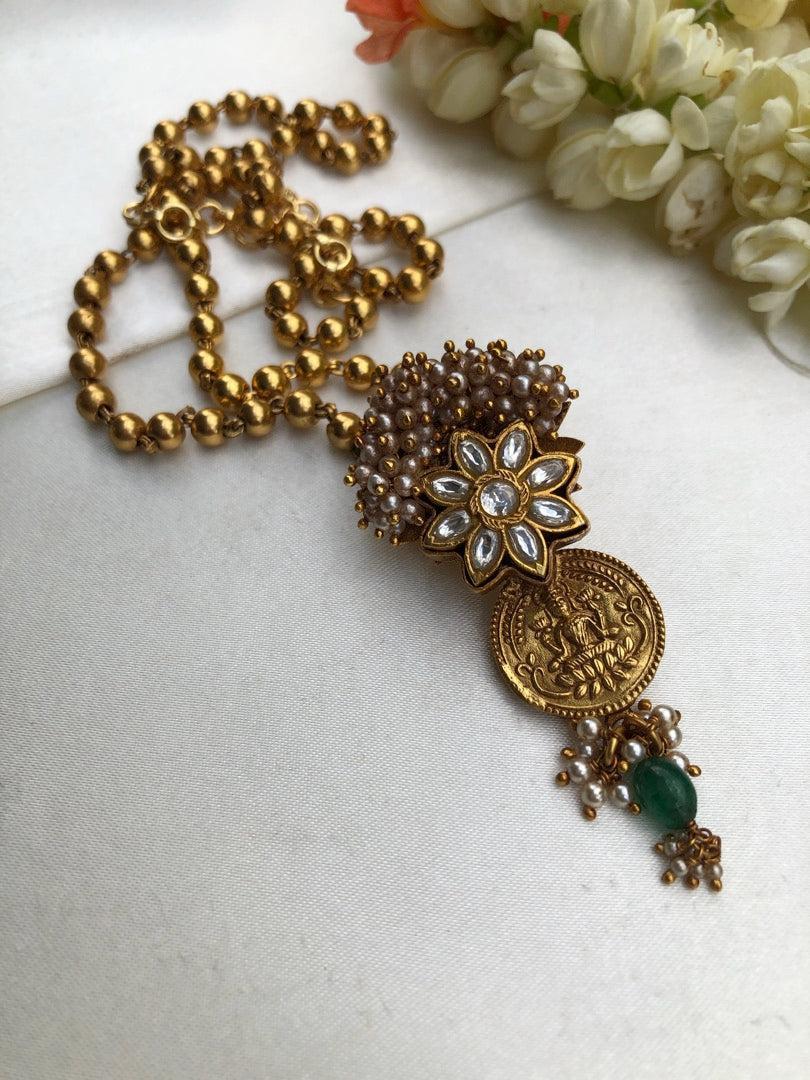 Kasu and kundan antique pendant with Mohan mala-Silver Neckpiece-pl-House of Taamara