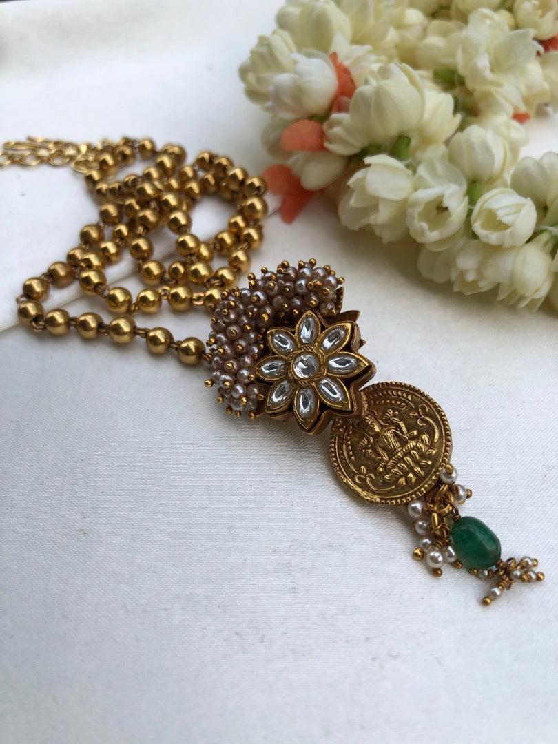 Kasu and kundan antique pendant with Mohan mala-Silver Neckpiece-pl-House of Taamara