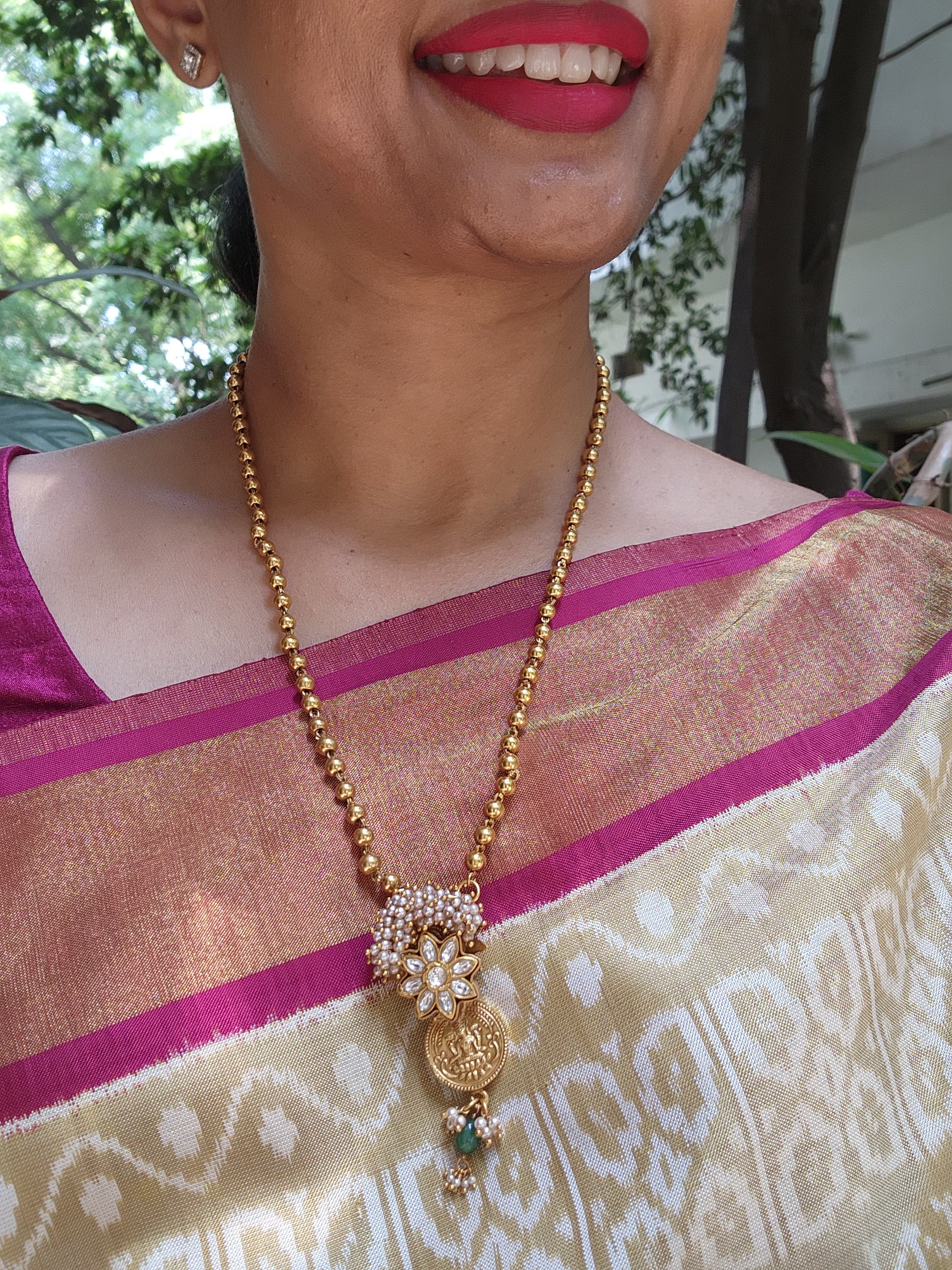 Kasu and kundan antique pendant with Mohan mala-Silver Neckpiece-pl-House of Taamara