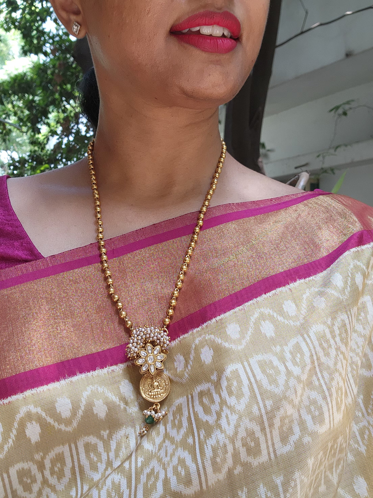 Kasu and kundan antique pendant with Mohan mala-Silver Neckpiece-pl-House of Taamara