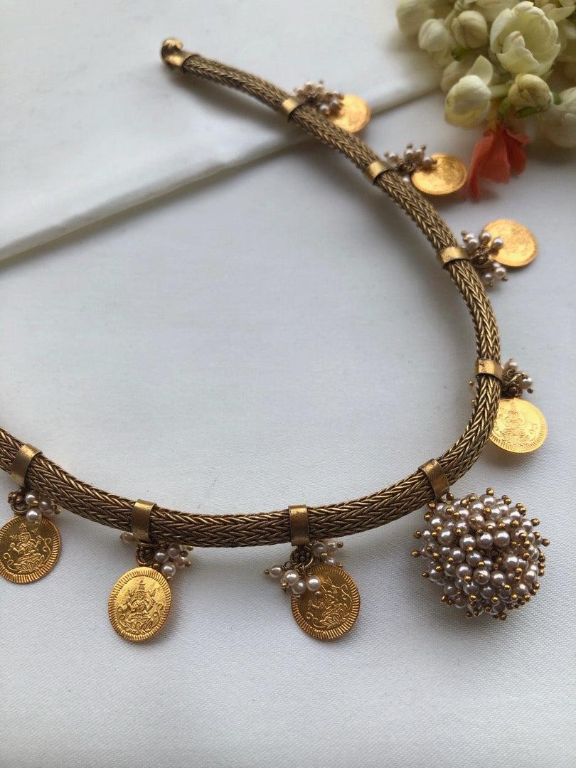 Kasu coins with pearls bunch antique style necklace-Silver Neckpiece-PL-House of Taamara