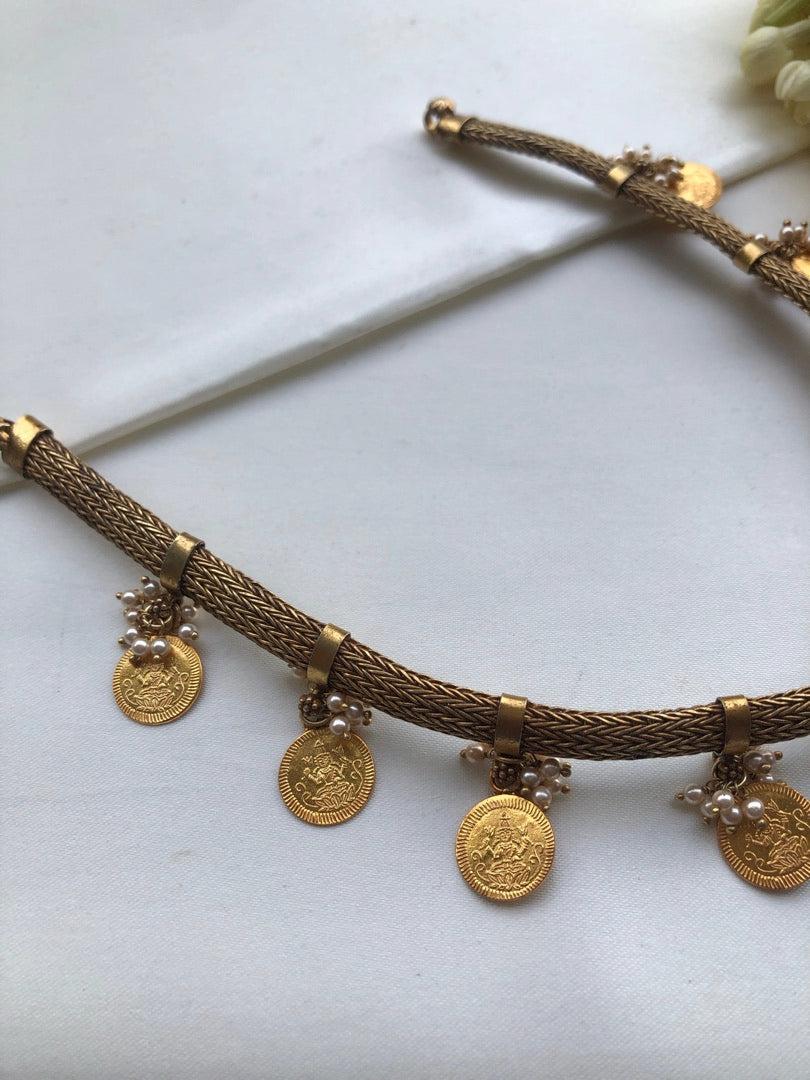 Kasu coins with pearls bunch antique style necklace-Silver Neckpiece-PL-House of Taamara