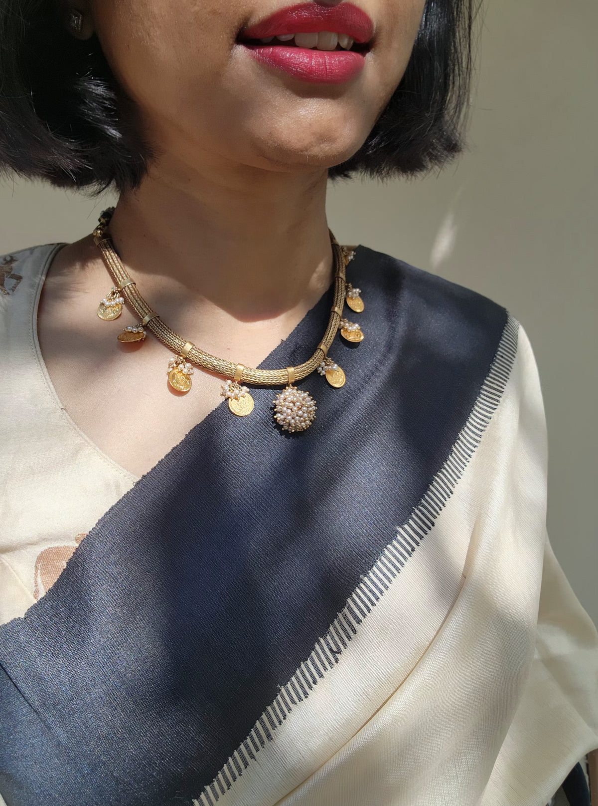 Kasu coins with pearls bunch antique style necklace-Silver Neckpiece-PL-House of Taamara