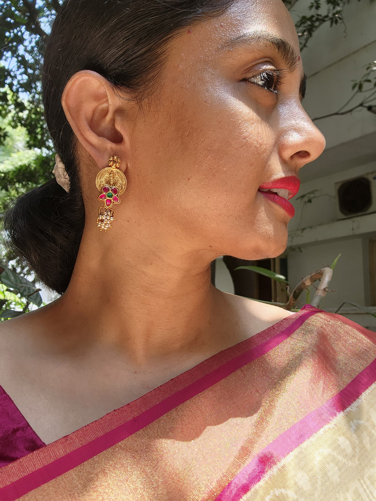 Kasu earrings with kundan-Earrings-PL-House of Taamara