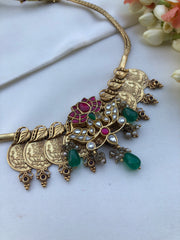 Kasu neckalce with lotus pendant-Silver Neckpiece-PL-House of Taamara