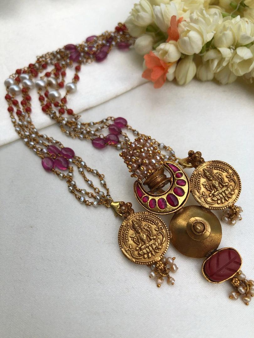 Kasu pendant with pearls, coral and ruby beads-Silver Neckpiece-pl-House of Taamara