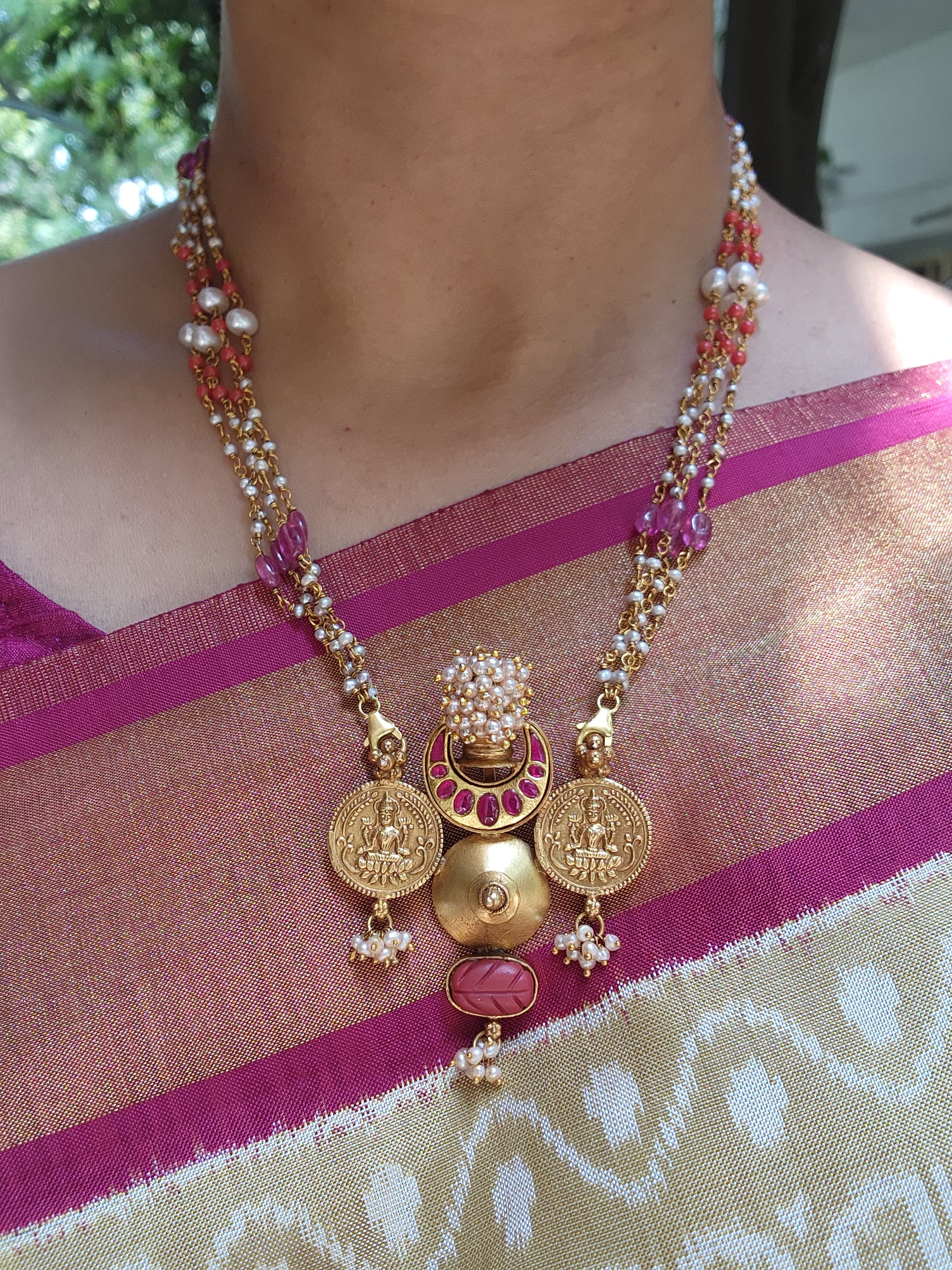 Kasu pendant with pearls, coral and ruby beads-Silver Neckpiece-pl-House of Taamara