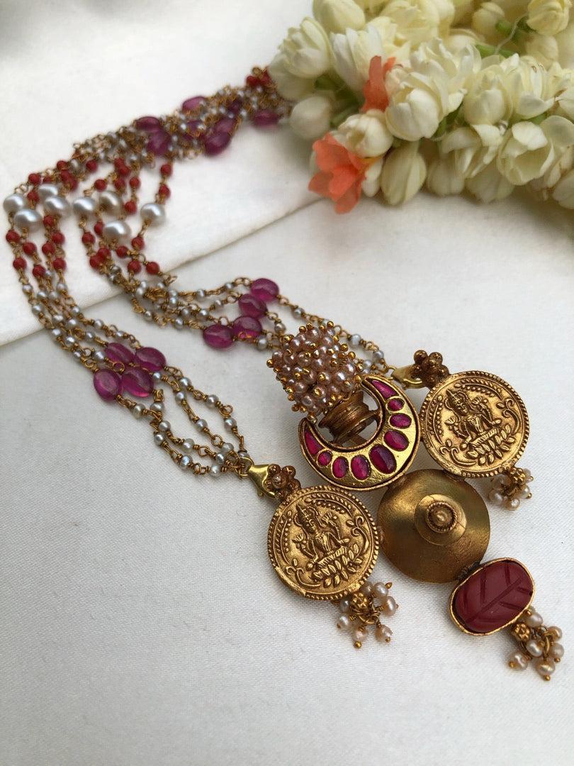 Kasu pendant with pearls, coral and ruby beads-Silver Neckpiece-pl-House of Taamara