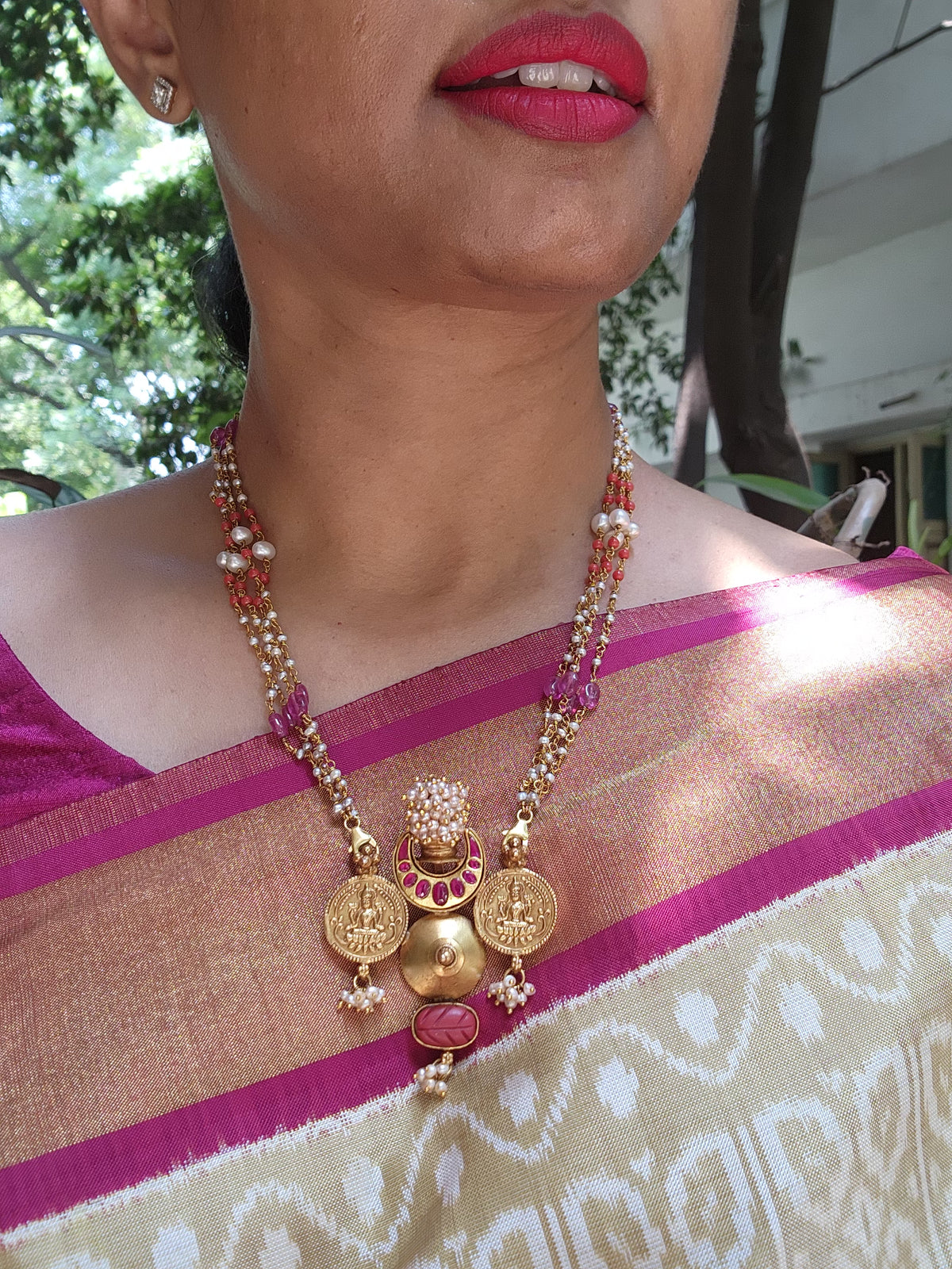 Kasu pendant with pearls, coral and ruby beads-Silver Neckpiece-pl-House of Taamara