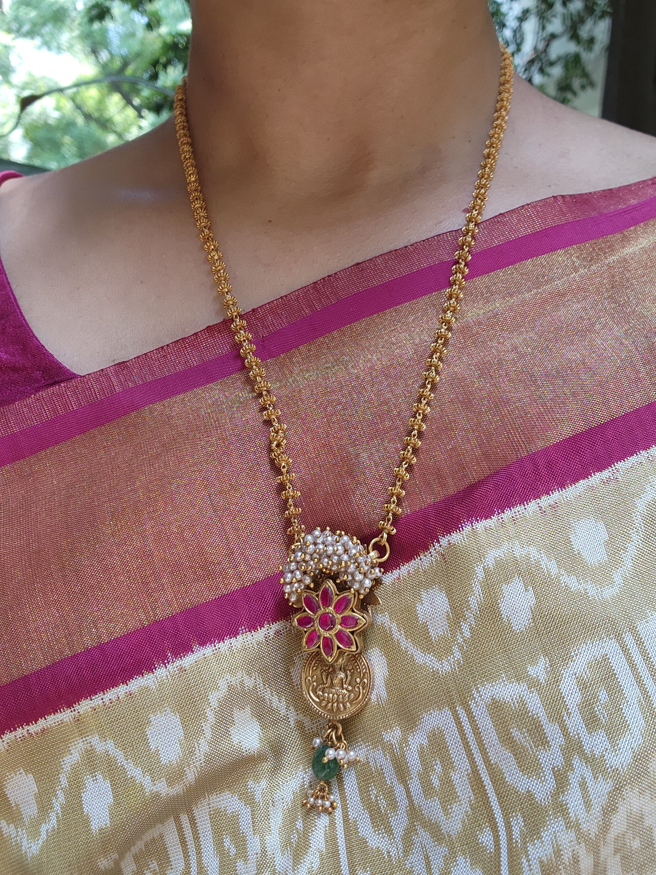 Kasu ruby kundan with antique style pendant & Tussi chain-Silver Neckpiece-pl-House of Taamara
