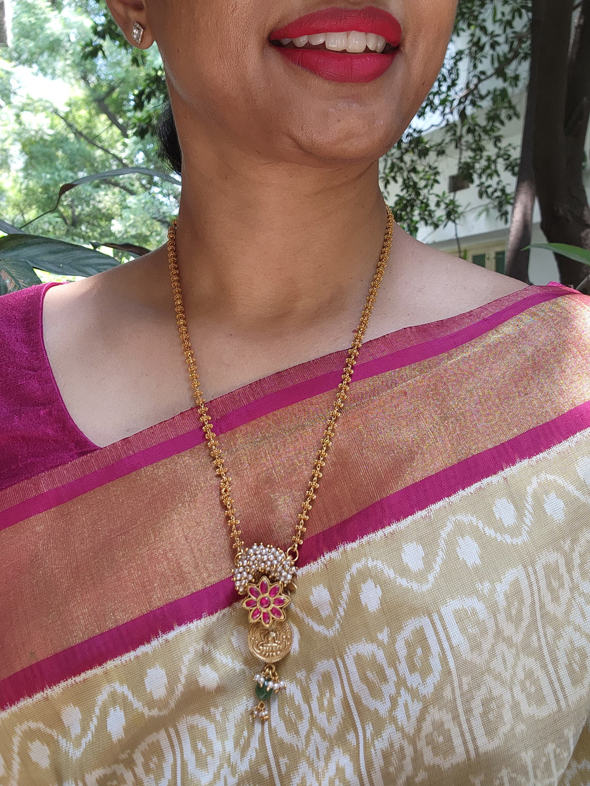 Kasu ruby kundan with antique style pendant & Tussi chain-Silver Neckpiece-pl-House of Taamara