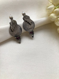 Kasu silver polish stud with leaf & oval stone-Earrings-PL-House of Taamara