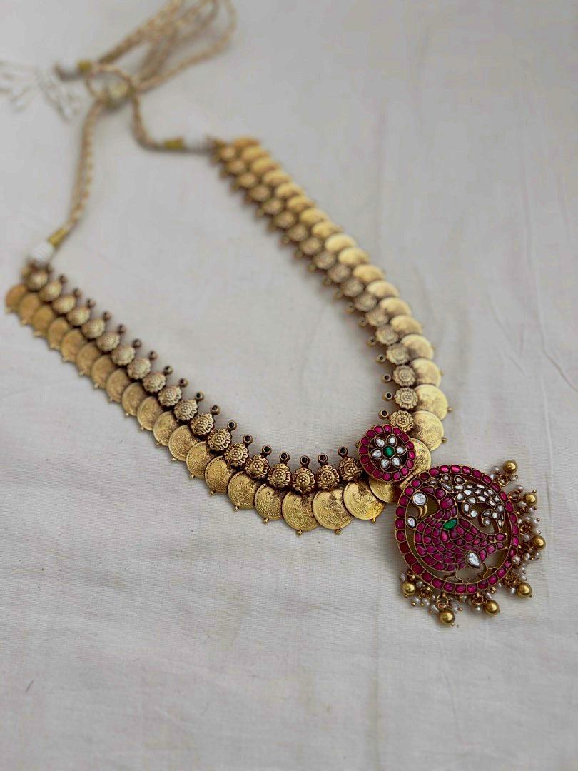 Kasumala with detachable kundan, ruby & emerald peacock pendant-Silver Neckpiece-CI-House of Taamara