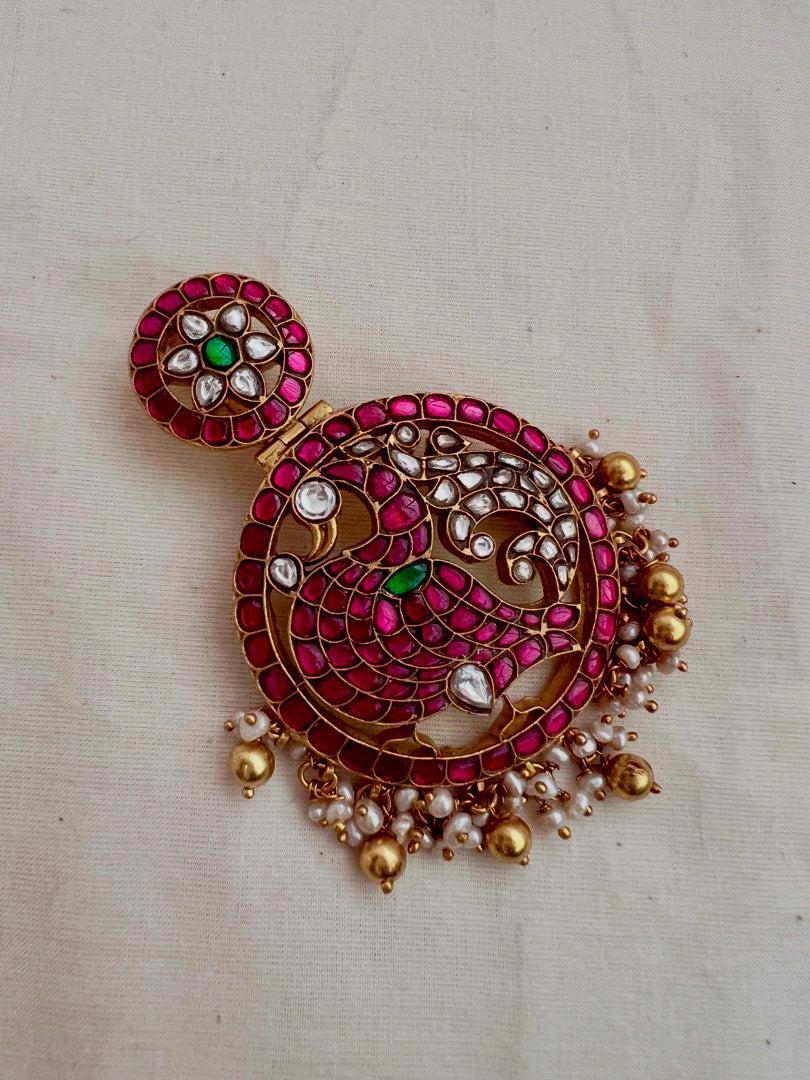 Kasumala with detachable kundan, ruby & emerald peacock pendant-Silver Neckpiece-CI-House of Taamara