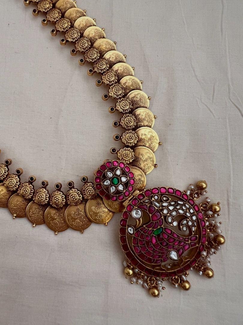 Kasumala with detachable kundan, ruby & emerald peacock pendant-Silver Neckpiece-CI-House of Taamara