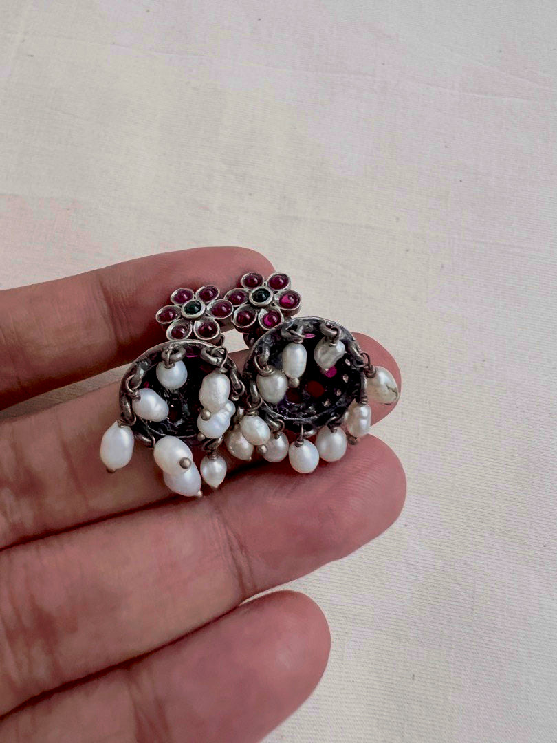 Kemp pink and zircon jhumkas with pearls-Earrings-CI-House of Taamara