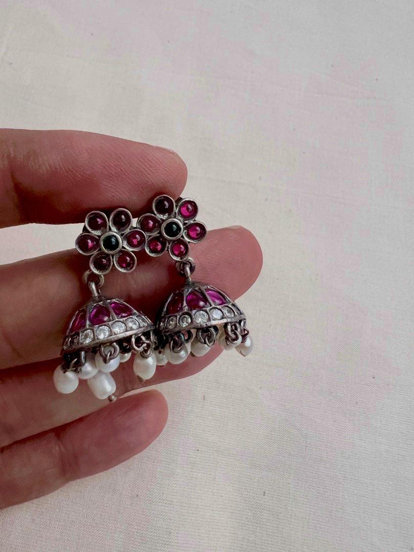 Kemp pink and zircon jhumkas with pearls-Earrings-CI-House of Taamara