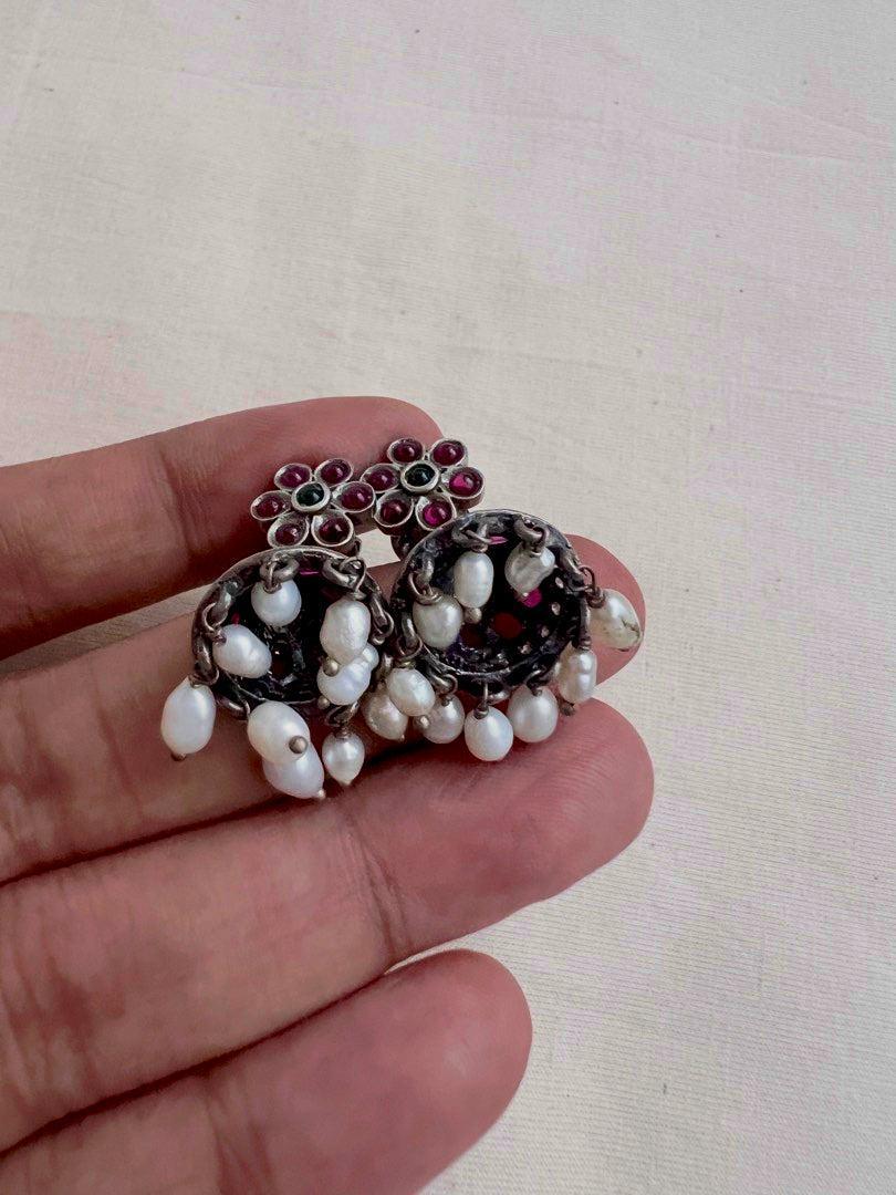 Kemp pink and zircon jhumkas with pearls-Earrings-CI-House of Taamara