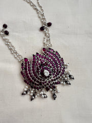 Kemp pink lotus pendant with pearl & ruby beads chain-Silver Neckpiece-CI-House of Taamara