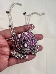 Kemp pink lotus pendant with pearl & ruby beads chain-Silver Neckpiece-CI-House of Taamara