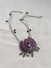 Kemp pink lotus pendant with pearl & ruby beads chain-Silver Neckpiece-CI-House of Taamara