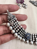 Kolhapuri work silver necklace set with blue & pink kemp motifs (Made to order)-Silver Neckpiece-CI-House of Taamara