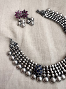 Kolhapuri work silver necklace set with blue & pink kemp motifs (Made to order)-Silver Neckpiece-CI-House of Taamara