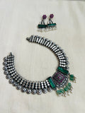 Kolhapuri work silver necklace set with ruby & emerald doublet stones-Silver Neckpiece-CI-House of Taamara