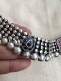 Kolhapuri work silver necklace with blue & pink kemp motifs-Silver Neckpiece-CI-House of Taamara