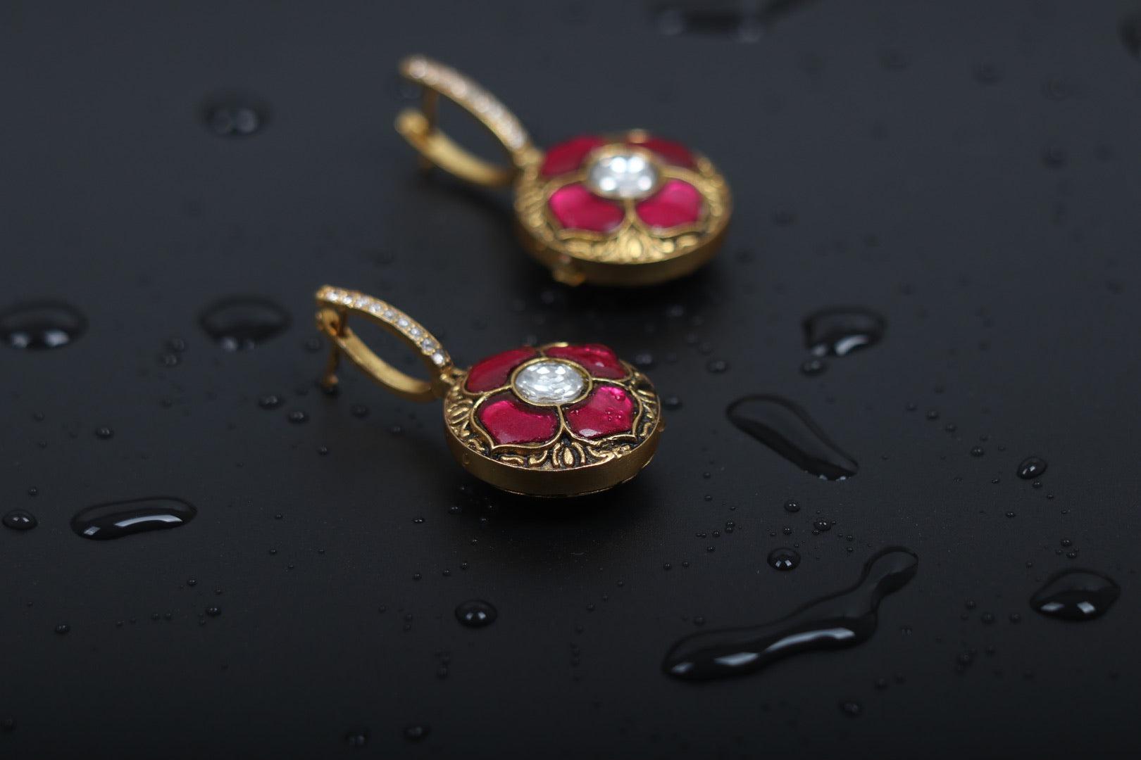 Kundan Big Flower Ruby Zircon Reversible Earrings (Made To Order)-Earrings-PL-House of Taamara